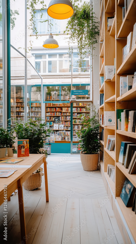 Fototapeta premium cozy family owned bookstore featuring wooden shelves, plants, and warm lighting. inviting atmosphere encourages reading and exploration among books