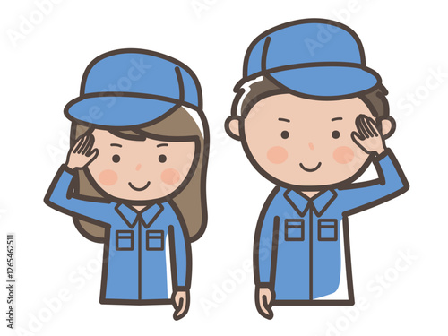 了解ポーズをする作業着姿の男女作業員（清掃員）の上半身イラスト