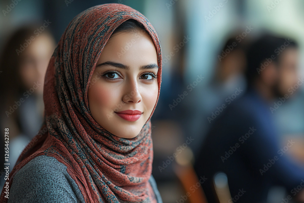 Generative AI portrait of a young woman in a red hijab, highlighting cultural diversity, tradition, and beauty Generative AI portrait of a young woman in a red hijab, highlighting cultural diversity, tradition, and beauty