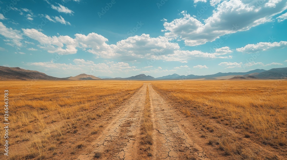 A wide-angle view of a land area suffering from desertification, with an abandoned farming area and cracked earth, showing the gradual loss of vegetation and soil fertility. A wide-angle view of a land area suffering from desertification, with an abandoned farming area and cracked earth, showing the gradual loss of vegetation and soil fertility.
