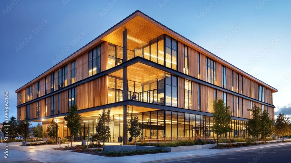 Modern office building at twilight, city street scene Modern office building at twilight, city street scene