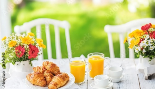 Summer breakfast in the garden fresh croissants and orange juice decorate a charming table. photo