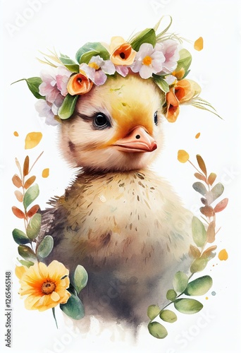 Watercolor Beautiful cartoon yellow duckling with flowers crown. Cute wildlife animal character drawing illustration poster print. AI generative