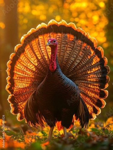 Turkey Displays Its Vibrant Plumage in a Golden Autumn Forest During Sunset Near a Serene Woodland Setting