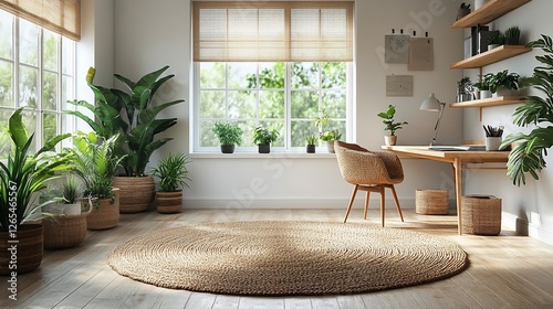 Bright and airy home office with plants, natural light, and a cozy workspace setup