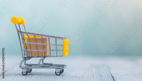 A shopping cart stands on a surface with soft blue background, symbolizing retail and consumerism. photo