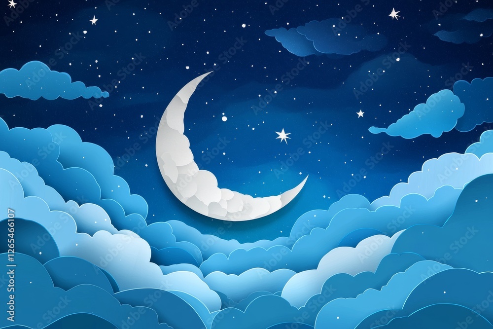 Night sky with a paper-cut moon, stars, and layered clouds in soft blue hues. Night sky with a paper-cut moon, stars, and layered clouds in soft blue hues.