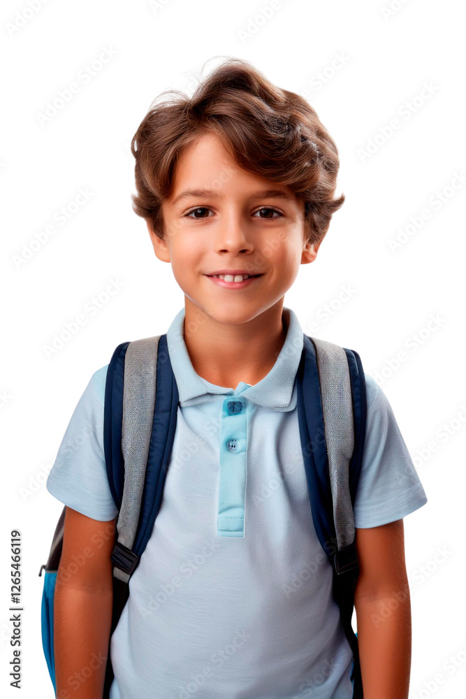 Smiling Boy of Backpack and Blue T -Shirt