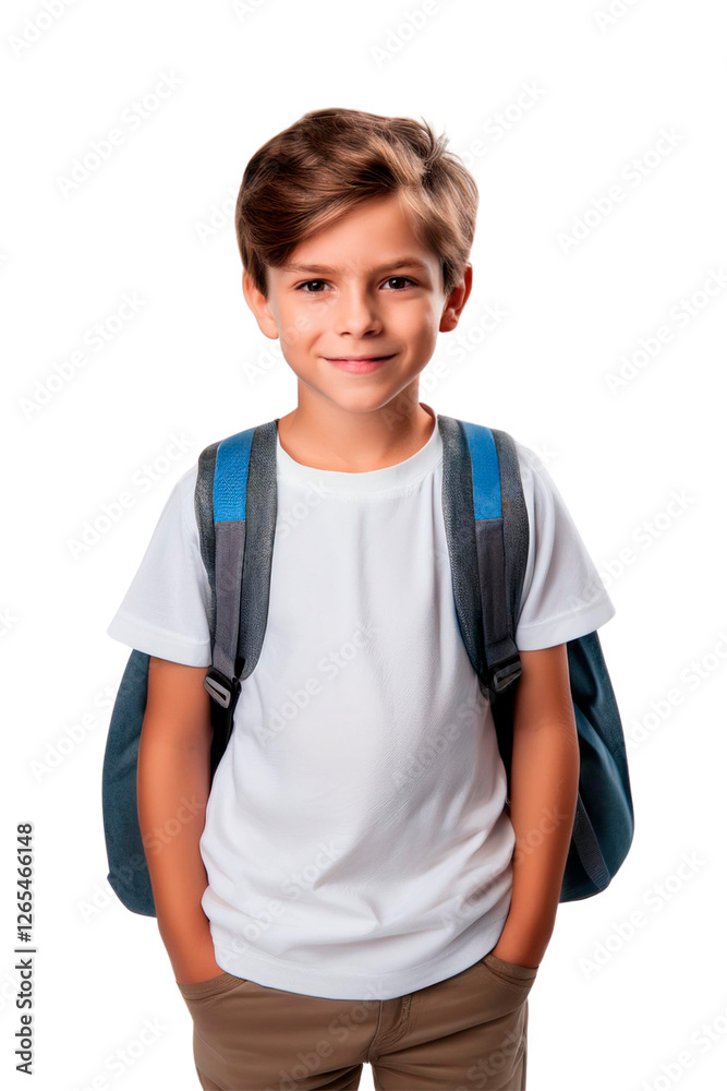 Smiling Boy with Backpack and White T -Shirt Smiling Boy with Backpack and White T -Shirt
