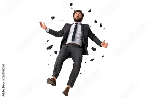 Businessman in a suit falling backward with shattered glass effect, showing shock and surprise, dynamic motion, isolated on transparent background