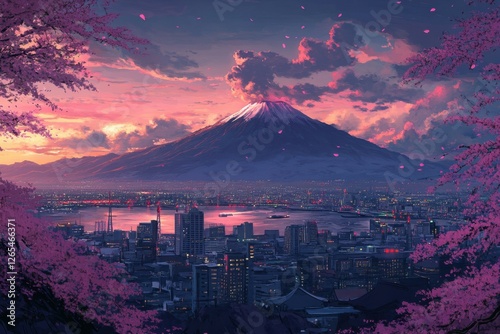 Kagoshima, Japan Skyline with Sakurajima Volcano at Dusk. View of Kyushu Island City Landscape
