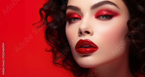 A glamorous woman with bold red makeup, glossy lips, and captivating eyes poses against a vibrant red background, exuding confidence, beauty and sophistication.