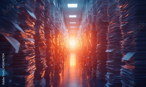 Document Lifecycle Management Visualization, Stacks of Papers in a Corridor During Sunset Depicting Information Overload, Organization, and Archiving, Generative AI