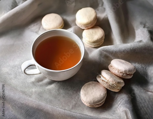 A cup of tea and macaroon cookies on a grey cloth, styled with creased, crinkled textures, radiant clusters, light white and beige tones, layered fibers, alla prima, kimoicore. photo