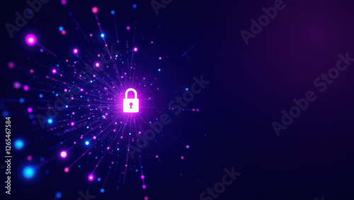 A stylized graphic of a cyber lock and network with abstract elements, symbolizing digital security and technology.