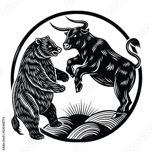 A dynamic silhouette of a bear and a bull facing off, symbolizing the clash between opposing forces, with sharp contrasts in their stances and expressions, set against a neutral backdrop.