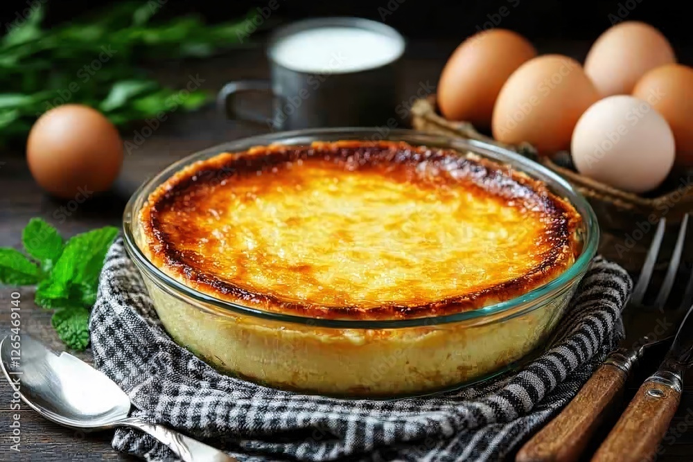 Delicious custard pie in glass dish with eggs and milk on rustic wooden table setting Delicious custard pie in glass dish with eggs and milk on rustic wooden table setting