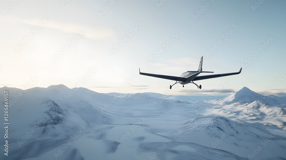 Naklejka premium A small aircraft flies over a vast, snow-covered mountain range on a bright, sunny day. A peaceful and awe-inspiring scene of aerial exploration.