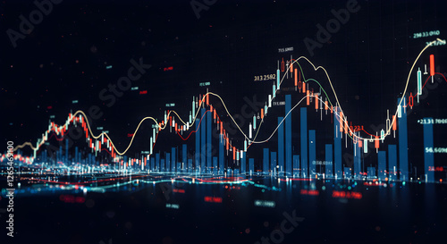 Dynamic colorful stock market chart on dark background. Trading investment charts. Financial graph with glowing candlesticks. Concept for business, analysis, burse exchange. Bourse buoyant banner