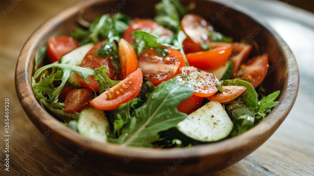 Fresh tomato cucumber salad in wooden bowl Fresh tomato cucumber salad in wooden bowl