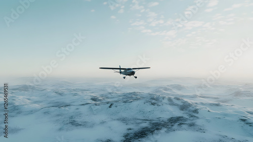 Single engine plane flying over a snowy landscape. The plane is in the center of the frame, with a blue sky and clouds in the background. photo