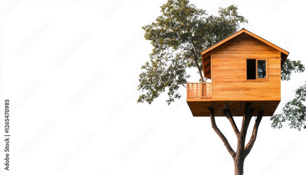 an eco-friendly treehouse resort surrounded by jungle, sustainable travel getaway, isolated on white background