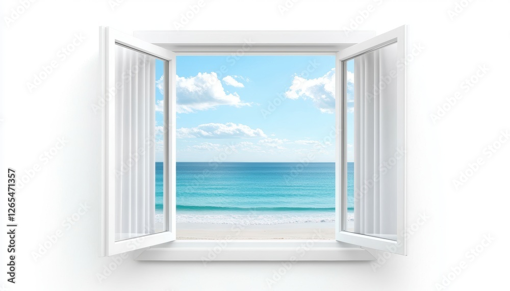 an open window with white curtains and a breathtaking seaside view, relaxing vacation vibe, isolated on white background an open window with white curtains and a breathtaking seaside view, relaxing vacation vibe, isolated on white background