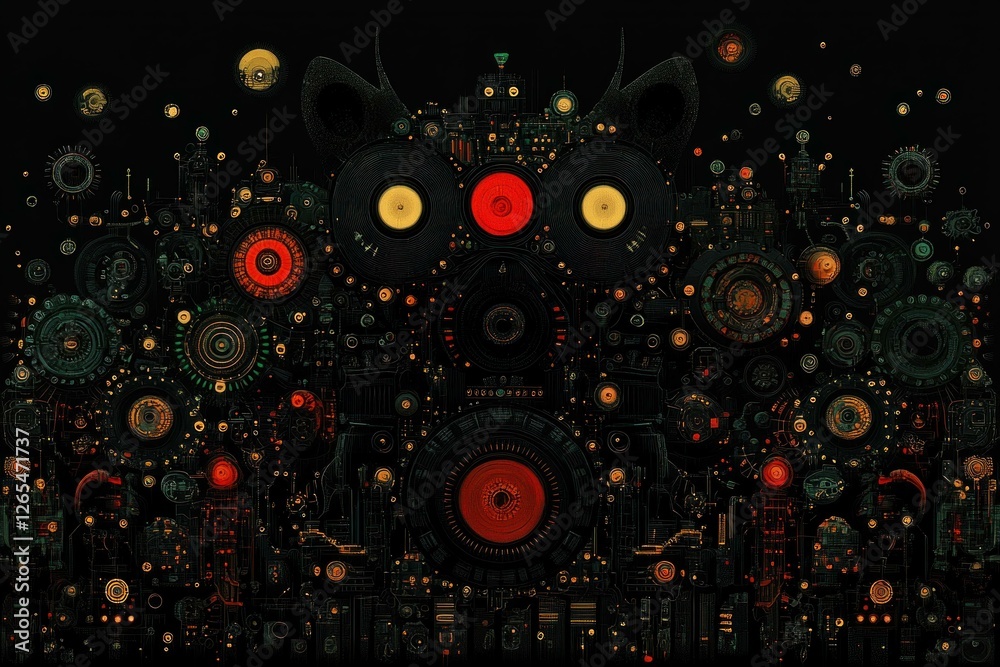 Obraz premium Abstract digital art featuring a complex arrangement of colorful gears and circular elements against a dark background, symbolizing innovation and technology