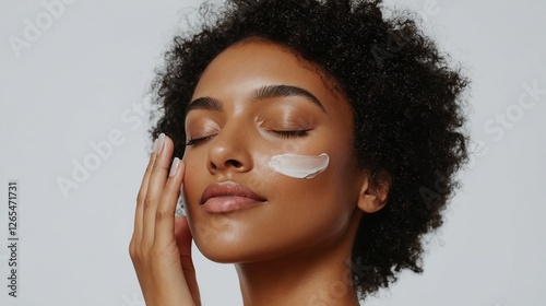 Una mujer sonriente aplica crema en su rostro, mostrando frescura y cuidado de la piel. photo