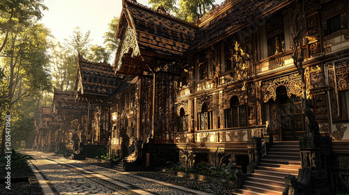 Serene morning light illuminating intricately carved traditional architecture in a lush forest setting