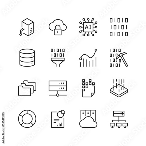 Data Management and data base, linear style icon set. Cloud computing, cybersecurity, AI and network architecture. Data visualization, storage, processing, and analysis. Editable stroke width.