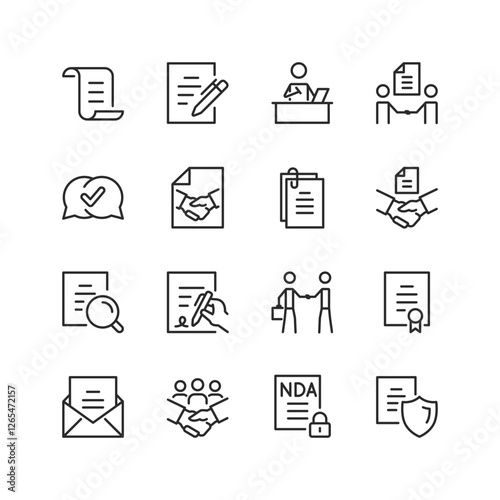 Contracts and Agreements, linear style icon set. Legal documents, negotiations, partnerships, and business deals. Signing, reviewing, confidentiality, and protection. Editable stroke width