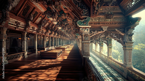 Serene interior of a traditional wooden structure with intricate carvings and soft sunlight filtering through
