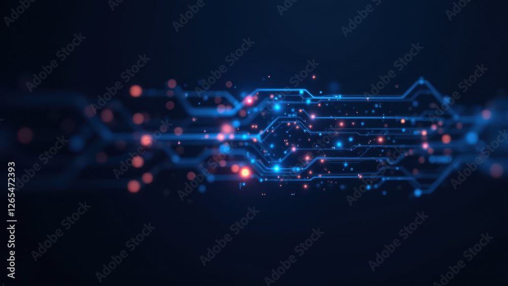 Cybersecurity digital network with red glowing nodes connected by blue lines on a dark background.