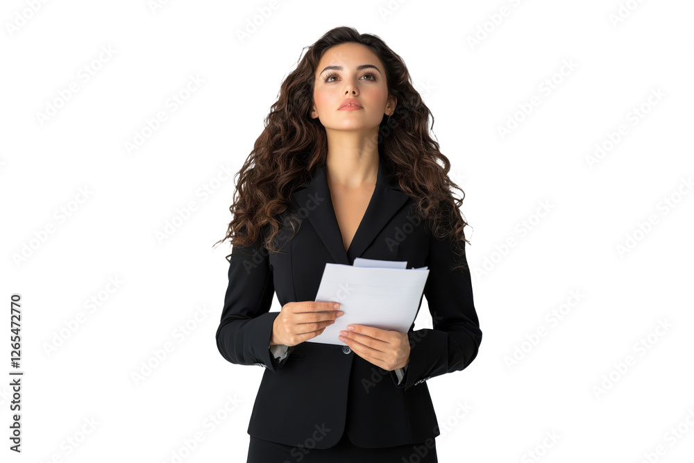 PNG Professional businesswoman in a black suit holding documents and looking up thoughtfully PNG Professional businesswoman in a black suit holding documents and looking up thoughtfully