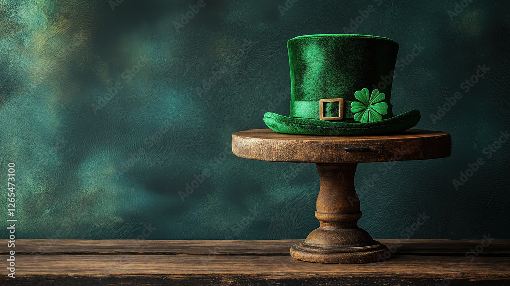 Capture St Patrick’s Day magic with a green leprechaun hat on a wooden cake stand in still life Capture St Patrick’s Day magic with a green leprechaun hat on a wooden cake stand in still life