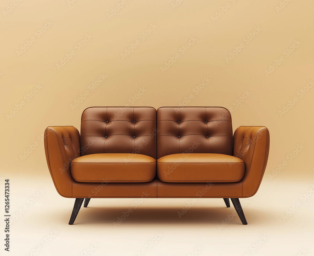 Fototapeta premium Modern leather sofa with two seats, isolated on a white background. 3D rendering illustration, isolated on a pastel background.