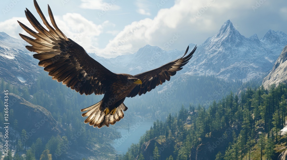 Fototapeta premium Majestic Eagle Soars Above Alpine Lake and Mountains