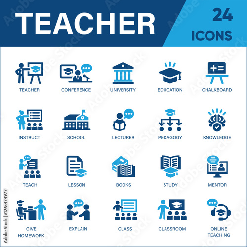 Teacher Icon Set – A Diverse Collection of Lesson, Class, School, Teaching, Mentor, Professor, Education, Books, Instruction, Knowledge, and Pedagogy Symbols in Solid Vector Style.