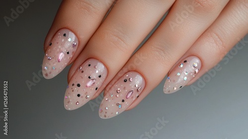 Nail Fashion manicure unique concept. Transparent Nails with Encapsulated Gemstones and Glittering Accents