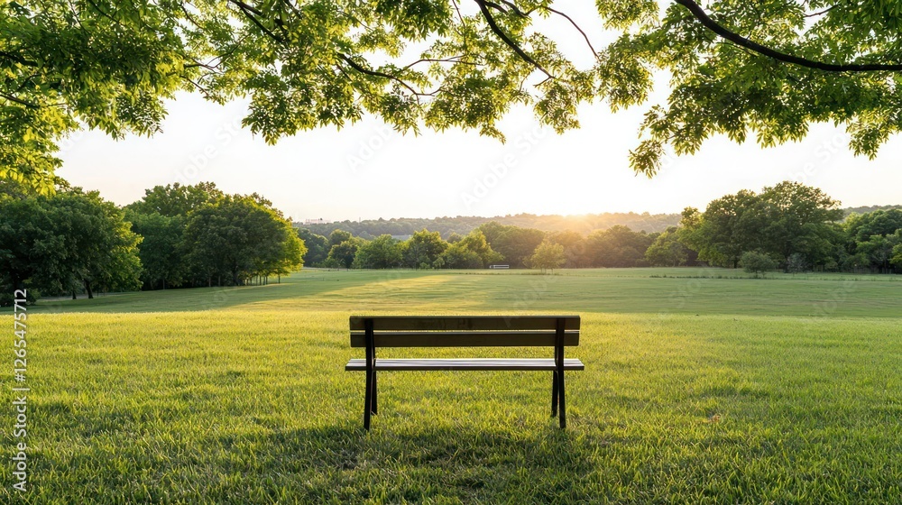 Empty Wooden Bench In Green Park Meadow At Golden Hour Empty Wooden Bench In Green Park Meadow At Golden Hour