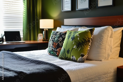 King Bed. Clean and Comfortable Furniture in Green Guest Room
