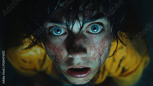 A terrified, wide-eyed child stares upward, drenched in sweat and blood, bathed in eerie light. Fear grips their face, frozen in a moment of horror.