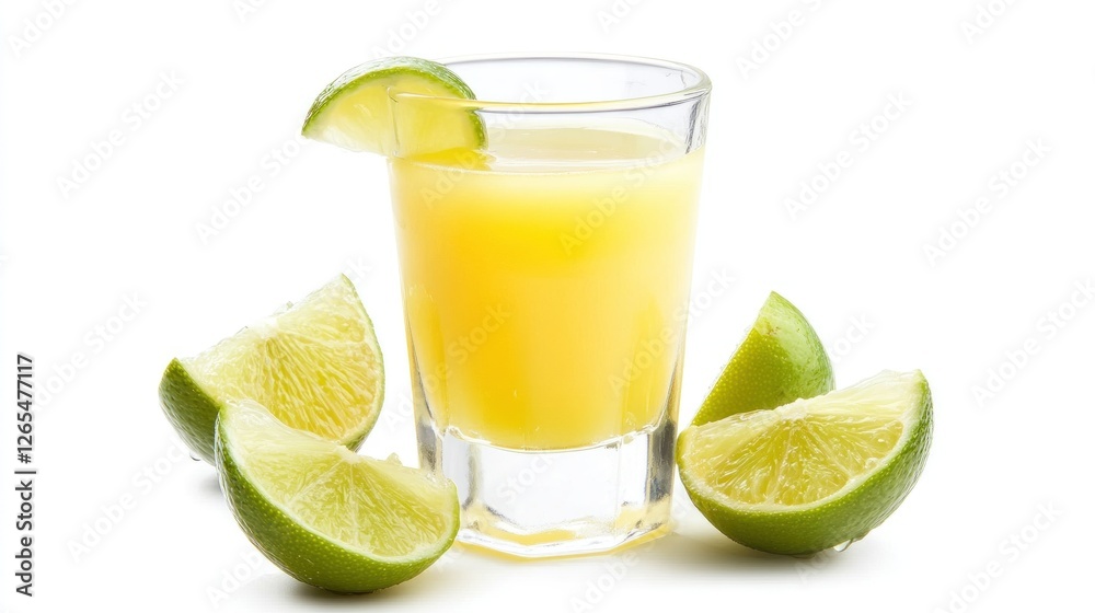 Lime Juice Shot, Refreshing Drink, White Background, Summer Lime Juice Shot, Refreshing Drink, White Background, Summer