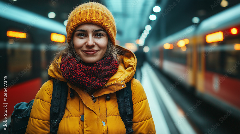 Smiling woman in yellow coat and beanie at train station. Smiling woman in yellow coat and beanie at train station.