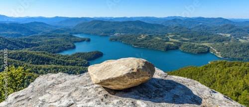 A large rock sits on a ledge overlooking a lake photo