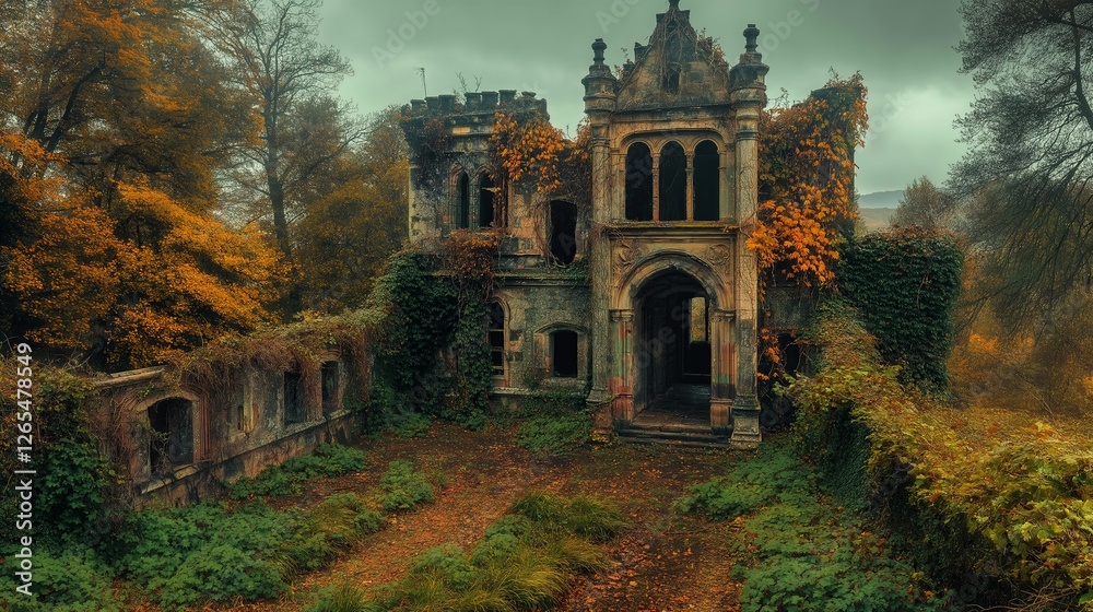 Obraz premium Moss-covered ruins of a once-grand castle sit surrounded by dense forest, evoking fantasy adventure. 
