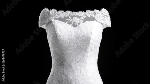 Detailed close-up of a lacy wedding dress bodice against black background.  Possible use  Fashion photography or online store