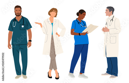 Set of different medic workers, doctors, nurses, paramedics in uniform scrubs, white lab coats. Flat vector illustrations isolated on transparent background