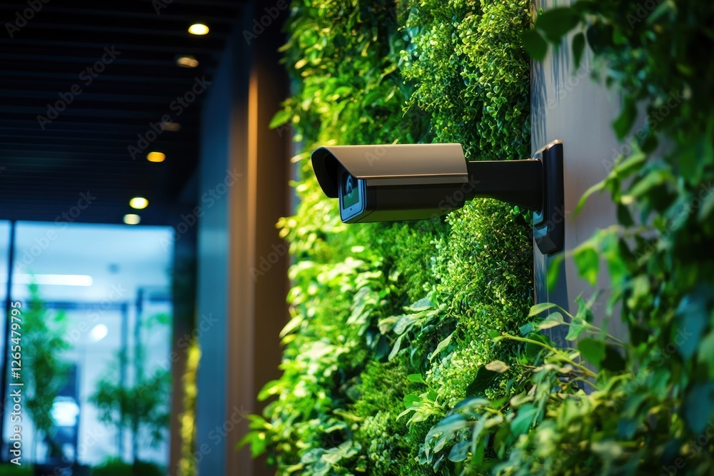 Modern Security Camera Integrated into a Lush Green Wall Modern Security Camera Integrated into a Lush Green Wall